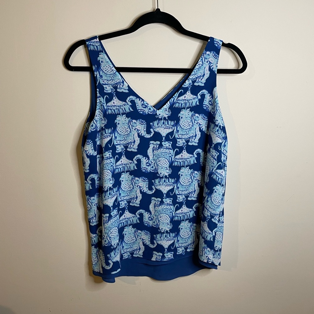 Lilly Pulitzer Florin Reversible Sleeveless Top in Deep Indigo Joy Ride Elephant